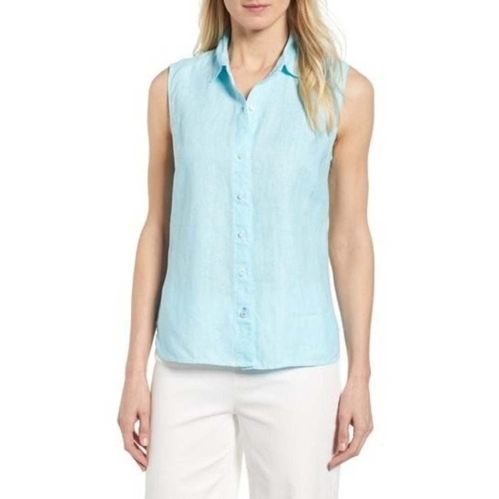 Tommy Bahama Sea Glass Breezer Sleeveless Linen Shirt Blue Large Vacation Top